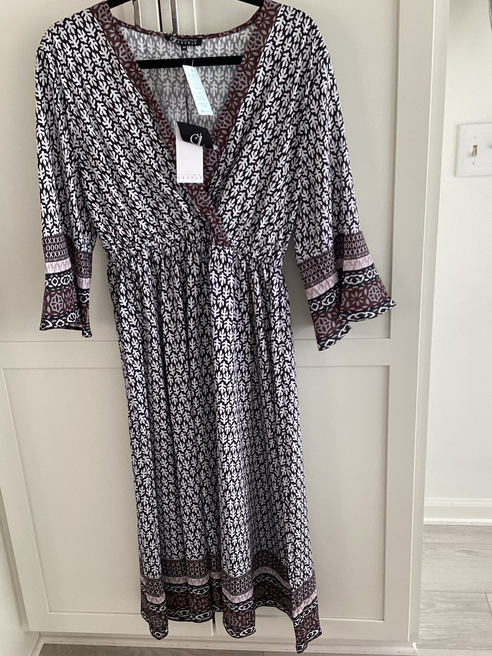 Chelsea28 Black and White Printed Midi Dress with Burgundy Trim